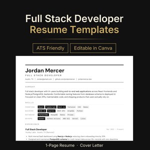 Puede incluir: Un gr&aacute;fico negro y dorado con el texto "Full Stack Developer Resume Templates". La plantilla de curr&iacute;culum incluye el texto "ATS Friendly" y "Editable in Canva". Se muestra un curr&iacute;culum de muestra con el nombre Jordan Mercer.