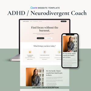 ADHD Coach Website Template Canva, Life Coach Landing Page, Neurodiversity Online Site
