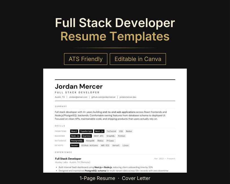 Puede incluir: Un gr&aacute;fico negro y dorado con el texto "Full Stack Developer Resume Templates". La plantilla de curr&iacute;culum incluye el texto "ATS Friendly" y "Editable in Canva". Se muestra un curr&iacute;culum de muestra con el nombre Jordan Mercer.