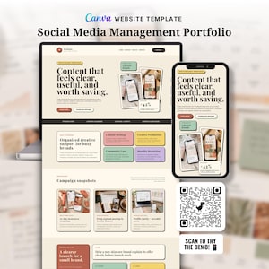 May include: A Canva website template for a Social Media Management Portfolio featuring a desktop and mobile interface layout. The design uses a beige colour palette with text, rectangular content blocks, and a QR code labelled Scan to try the demo.