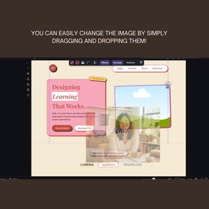 Puede incluir: Una pantalla de ordenador que muestra una interfaz de dise&ntilde;o digital. La interfaz presenta elementos rosas y azules con el texto "Designing Learning That Works." La imagen tambi&eacute;n incluye el texto "YOU CAN EASILY CHANGE THE IMAGE BY SIMPLY DRAGGING AND DROPPING THEM!"