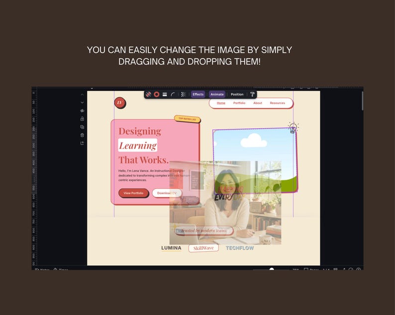 Puede incluir: Una pantalla de ordenador que muestra una interfaz de dise&ntilde;o digital. La interfaz presenta elementos rosas y azules con el texto "Designing Learning That Works." La imagen tambi&eacute;n incluye el texto "YOU CAN EASILY CHANGE THE IMAGE BY SIMPLY DRAGGING AND DROPPING THEM!"