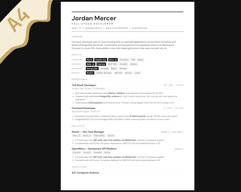 Plantilla de CV de desarrollador full stack, CV de ingeniero de software (Canva), perfil profesional tecnológico imagen 1