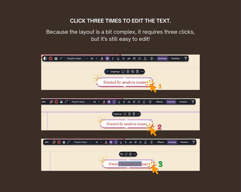 Puede incluir: Un gr&aacute;fico que muestra un proceso de tres pasos para editar texto. El texto dice "HAGA CLIC TRES VECES PARA EDITAR EL TEXTO." y "Trusted by modern teams." Los pasos est&aacute;n numerados con cursores naranjas.