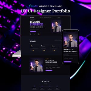 Könnte beinhalten: Eine Canva-Website-Vorlage für ein UX UI Designer Portfolio. Das Design hat ein dunkles Thema mit lila Akzenten. Das Design umfasst einen Laptop und ein Smartphone, das das Portfolio-Layout anzeigt. Der Text enthält "DESIGNING EXPERIENCES THAT CONVERT."