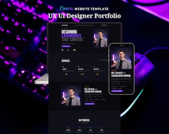 Plantilla de sitio web Canva para portafolio de diseñador UX/UI, portafolio oscuro de una página para freelancers, currículum vitae con perfil