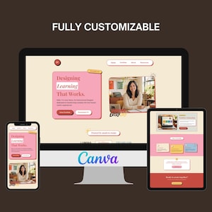 Puede incluir: Un dise&ntilde;o digital que muestra una interfaz de sitio web en una computadora de escritorio, una tableta y un tel&eacute;fono inteligente. El sitio web presenta un esquema de color rosa y crema con el texto "Designing Learning That Works". El logotipo de Canva es visible.