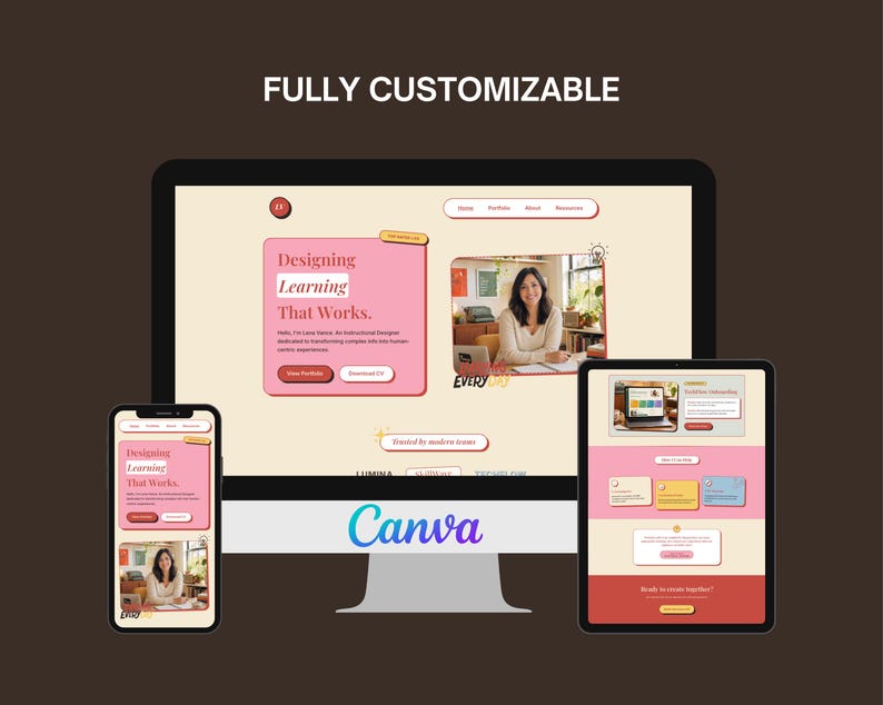 Puede incluir: Un dise&ntilde;o digital que muestra una interfaz de sitio web en una computadora de escritorio, una tableta y un tel&eacute;fono inteligente. El sitio web presenta un esquema de color rosa y crema con el texto "Designing Learning That Works". El logotipo de Canva es visible.