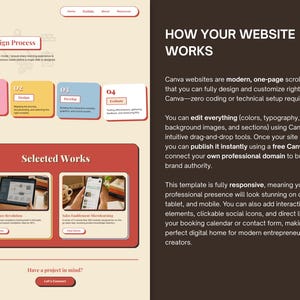 Puede incluir: Una plantilla de dise&ntilde;o web con un fondo beige claro. La p&aacute;gina presenta secciones tituladas "My Design Process" y "Selected Works". El texto "HOW YOUR WEBSITE WORKS" se muestra en letras grandes y en negrita. El dise&ntilde;o incluye cuadros e im&aacute;genes coloridas.