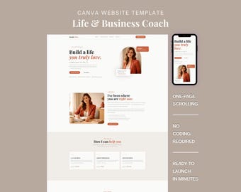 Life & Business Coach Canva Website Template, One Page Coaching Business, Warm Minimal Portfolio