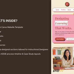 Puede incluir: Un dise&ntilde;o digital que presenta una plantilla de sitio web con el texto "Designing Learning That Works". La plantilla incluye secciones para Inicio, Portafolio, Acerca de y Recursos, adaptadas para dise&ntilde;adores instruccionales. La imagen tambi&eacute;n incluye una foto de una mujer.