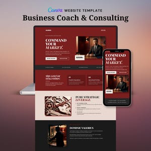 May include: A website template for a business coach and consulting services. The design features a laptop and smartphone displaying a website with a red and black color scheme. The text includes "COMMAND YOUR MARKET."