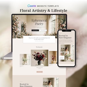 May include: A laptop and smartphone display a website template titled "Floral Artistry & Lifestyle." The website features floral arrangements, with the text "Ephemeral Poetry" and "Rooted in Raw Elegance." The design uses a neutral color palette.