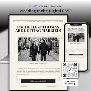 May include: A digital wedding invitation template styled as a newspaper, featuring the headline Rachelle & Thomas Are Getting Married, a black and white couple photo, a QR code for RSVP, and a button labeled Click to Open Details & RSVP.