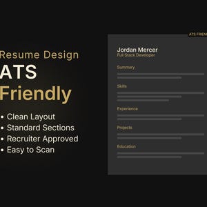 Puede incluir: Una plantilla de curr&iacute;culum vitae gris oscuro con el texto "Resume Design ATS Friendly" en dorado. El curr&iacute;culum incluye secciones para Resumen, Habilidades, Experiencia, Proyectos y Educaci&oacute;n. El texto "ATS Friendly" tambi&eacute;n es dorado. El curr&iacute;culum es f&aacute;cil de escanear.