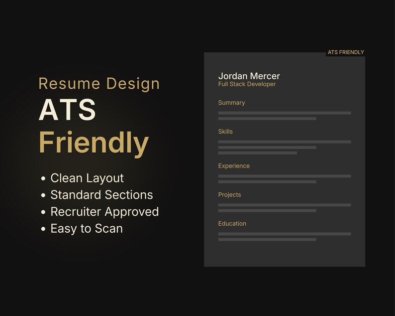 Puede incluir: Una plantilla de curr&iacute;culum vitae gris oscuro con el texto "Resume Design ATS Friendly" en dorado. El curr&iacute;culum incluye secciones para Resumen, Habilidades, Experiencia, Proyectos y Educaci&oacute;n. El texto "ATS Friendly" tambi&eacute;n es dorado. El curr&iacute;culum es f&aacute;cil de escanear.