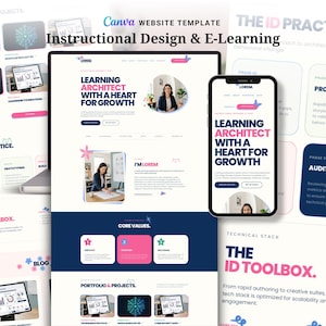 May include: A website template for instructional design and e-learning, featuring a desktop and mobile view. The design includes the text "Learning Architect with a Heart for Growth" and "The ID Toolbox."