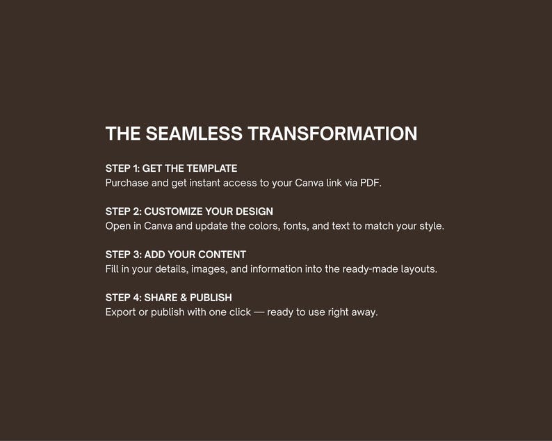 Puede incluir: Gr&aacute;fico marr&oacute;n con texto blanco que detalla un proceso de cuatro pasos titulado "THE SEAMLESS TRANSFORMATION". Los pasos incluyen obtener una plantilla, personalizar el dise&ntilde;o, agregar contenido y compartir/publicar. El texto est&aacute; en una fuente sans-serif.