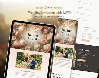 Romantic Rose Gold Garden Wedding Invitation | Canva Website Template | RSVP Peach Sand Floral Digital
