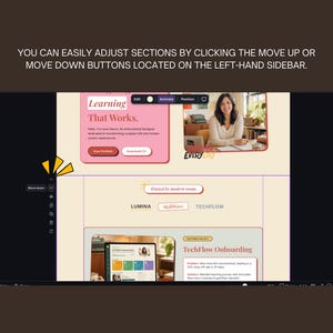Puede incluir: Una pantalla de ordenador muestra una interfaz de sitio web con secciones rosas y blancas. El texto "Learning That Works" es prominente, junto con una foto de una mujer. La interfaz incluye botones y el texto "TechFlow Onboarding". El bot&oacute;n "Move down" es visible.