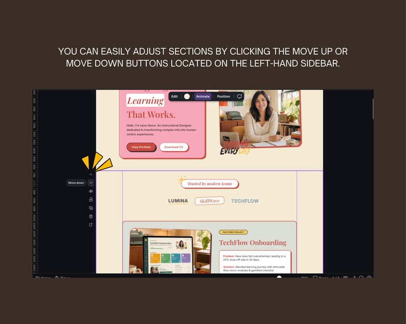 Puede incluir: Una pantalla de ordenador muestra una interfaz de sitio web con secciones rosas y blancas. El texto "Learning That Works" es prominente, junto con una foto de una mujer. La interfaz incluye botones y el texto "TechFlow Onboarding". El bot&oacute;n "Move down" es visible.