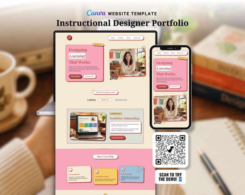 Puede incluir: Una plantilla de sitio web para un portafolio de dise&ntilde;ador instruccional, que se muestra en una computadora port&aacute;til y un tel&eacute;fono inteligente. El dise&ntilde;o presenta un esquema de color rosa y beige con el texto "Designing Learning That Works." Se incluye un c&oacute;digo QR.