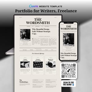 Peut inclure: Un modèle de site web pour écrivains et freelances, présenté sur un ordinateur portable et un smartphone. La conception présente une mise en page de style journal avec le titre "THE WORDSMITH" et l'article "Why Beautiful Design Fails Without Strategic Copy."