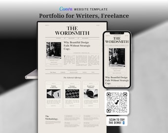 Plantilla web para redactores publicitarios, portafolio de Canva para escritores, negocio de redacción publicitaria freelance, página de ventas para escritores fantasma