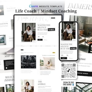Puede incluir: Una plantilla de sitio web para un coach de vida y coaching de mentalidad, que se muestra en una tableta y un teléfono inteligente. El diseño es minimalista con elementos en blanco y negro, con el texto "MASTER THE SILENCE. RULE THE NOISE." y un código QR.