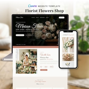 May include: A website template for a florist shop, displayed on a laptop and a smartphone. The laptop screen shows a website with the text "Maison Fleur" and floral arrangements. The smartphone displays floral arrangements. The text "Florist Flowers Shop" is at the top.
