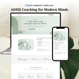 Websitesjabloon ADHD-coaching Canva, portfolio neurodivergente levenscoach, landingspagina executieve functie mentor