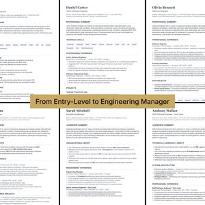 Puede incluir: Se presentan seis currículums de ingenieros de software, con el texto "From Entry-Level to Engineering Manager" en una pancarta dorada. Los currículums están en texto negro sobre fondo blanco, detallando resúmenes profesionales, habilidades y experiencia.