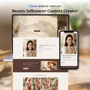 May include: A laptop and smartphone display a website template for a beauty influencer content creator. The website features a woman's image, text, and product images. The Canva logo is visible at the top.