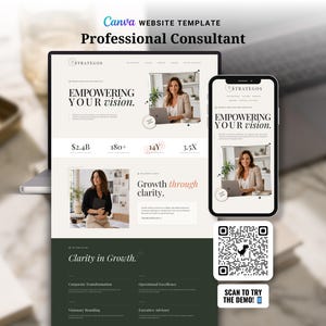 Könnte beinhalten: Eine Website-Vorlage für einen professionellen Berater, dargestellt auf einem Laptop und Smartphone. Das Design zeigt den Text "EMPOWERING YOUR vision." und "Clarity in Growth." Ein QR-Code und der Aufruf "SCAN TO TRY THE DEMO!" sind ebenfalls zu sehen.