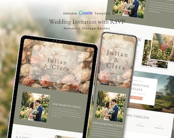 Romantic Vintage Garden Wedding Invitation | Canva Website Template | Peach Sage Floral RSVP Digital