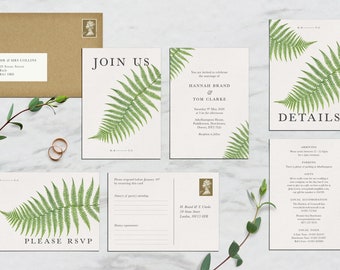 Fern Greenery Wedding Invitation Suite - Includes Wedding Invitation, RSVP Card, Details Card and Envelope.