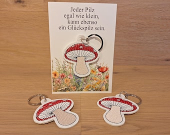Lucky mushroom keychain – embroidered from white imitation leather, handmade – small lucky charm with card, gift for favorite people