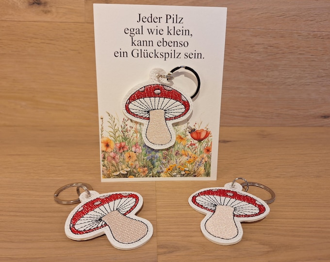 Lucky mushroom keychain – embroidered from white imitation leather, handmade – small lucky charm with card, gift for favorite people