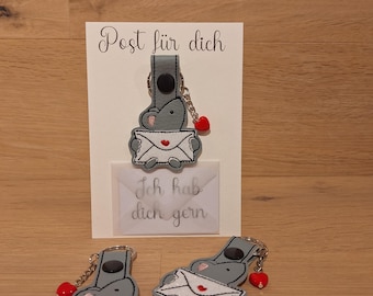 Mouse keychain – Post for you I like you – gift for girlfriend, small token of appreciation, handmade embroidered from imitation leather