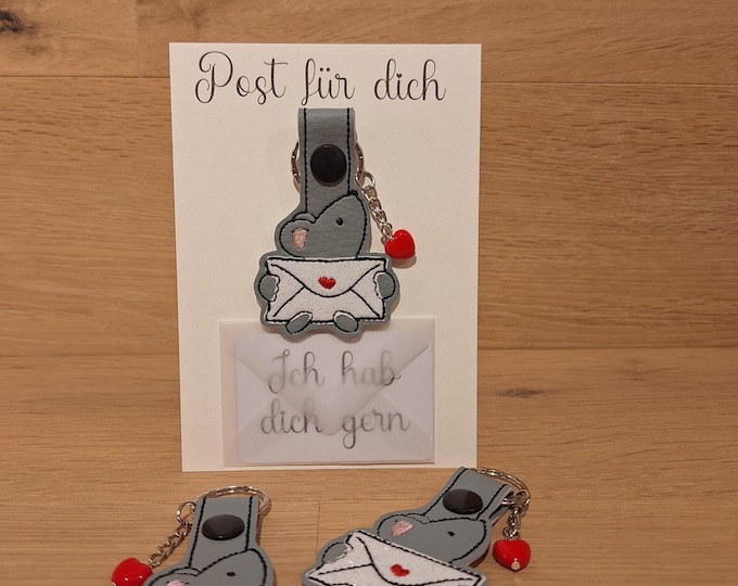 Mouse keychain – Post for you I like you – gift for girlfriend, small token of appreciation, handmade embroidered from imitation leather