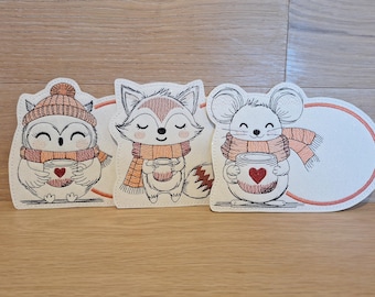 Mug Rug - A little break for the soul - Winter Animals Coaster - Mouse, Fox, Owl