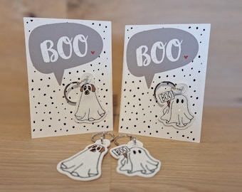 Cute ghost keychain – glitter white, embroidered, made of faux leather – Halloween gift, sweet bag charm, handmade decoration