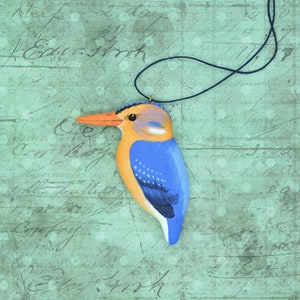 Hand-Painted Wooden African Kingfisher; Hanging Bird Ornament.