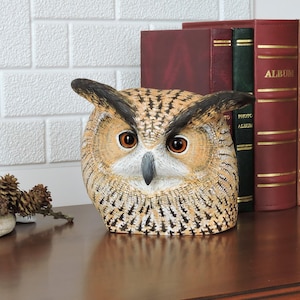 Wooden Sculpture of the Head of Eagle Owl; Carved Owl; Bubo Bubo.