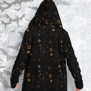 Celestial Black Hooded cloak, Sun Moon constellation, stellar style, elysian magic unisex aesthetic clothing