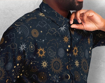 Celestial Button Down Style Shirt, Goth Shirt, Sun Moon Clothing,  Dark art Party unisex shirt