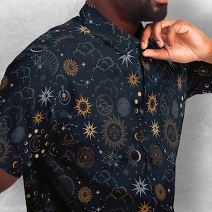 Celestial Button Down Style Shirt, Goth Shirt, Sun Moon Clothing,  Dark art Party unisex shirt