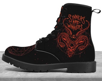 Sinners Are Winners Vegan leather Combat Boots, all-season, pentagram, satanic signs, occult shoes, gothic boots