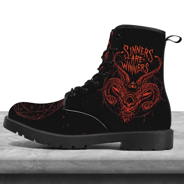 Sinners Are Winners Vegan leather Combat Boots, all-season, pentagram, satanic signs, occult shoes, gothic boots