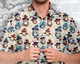 Magic school Owls Button-Up Shirt, Short Sleeve Fantasy Shirt - Magical Fantasy Wear, unisex shirt